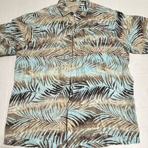 Caribbean Mens Short Sleeve Palm Leaf Tropical Button Down Shirt Blue Tan XL